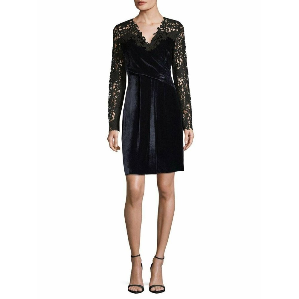 Elie Tahari NWT Black Dress Velvet Lace Blakely Sheer Crochet Longsleeve Party 4